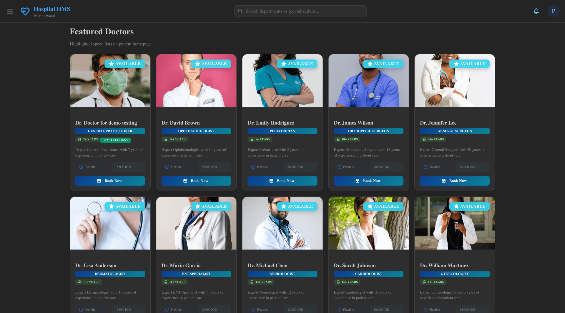 Hospital Management System landing page
